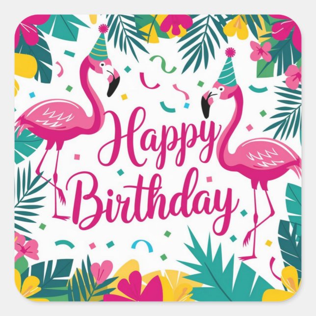 Tropical Fun Flamingo Birthday Design Quadratischer Aufkleber (Vorderseite)
