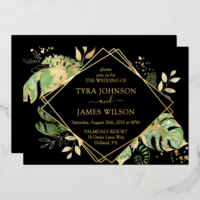 Tropical Geometric Black & Gold Wedding Folieneinladung (Vorderseite/Rückseite)
