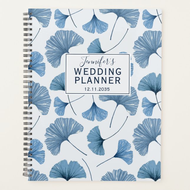 Tropical Ginkgo Foliage Dusty Blue Wedding Planner Planer (Vorderseite)