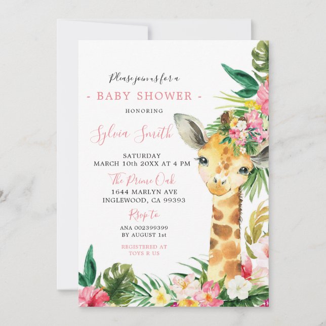 Tropical Giraffe Girl Baby Shower Einladung (Vorderseite)
