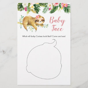 Tropical Girl Sloth Baby Dusche Baby Face Card