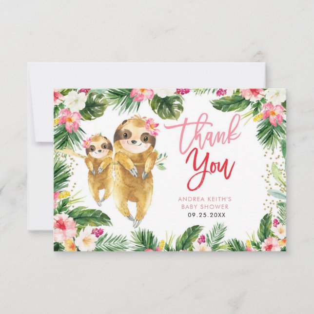 Tropical Girl Sloth Baby Dusche Danke Karte (Vorderseite)