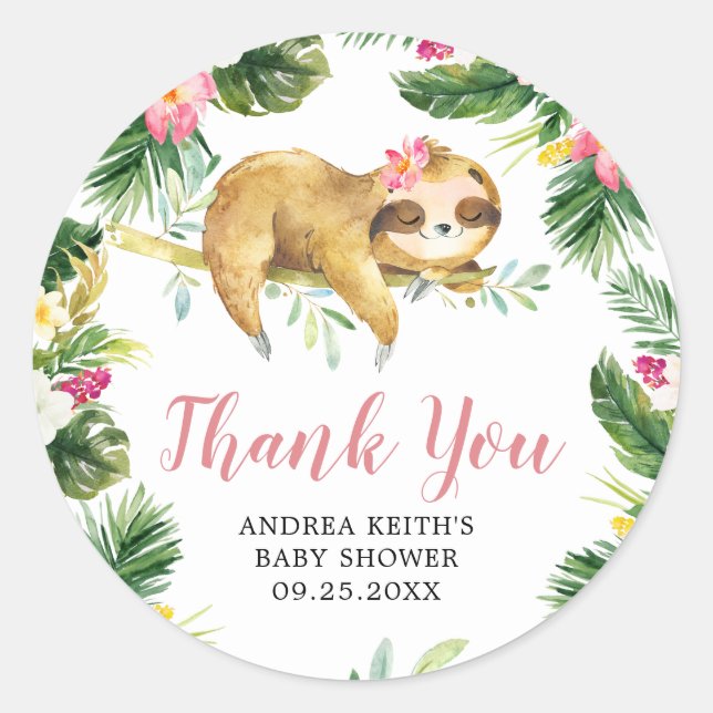 Tropical Girl Sloth Baby Dusche Danke Sticker (Vorderseite)