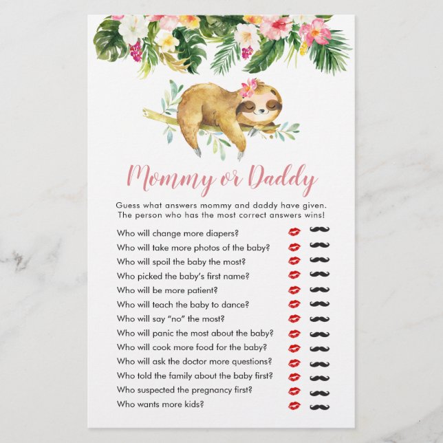 Tropical Girl Sloth Baby Shower Mommy oder Daddy (Vorderseite)