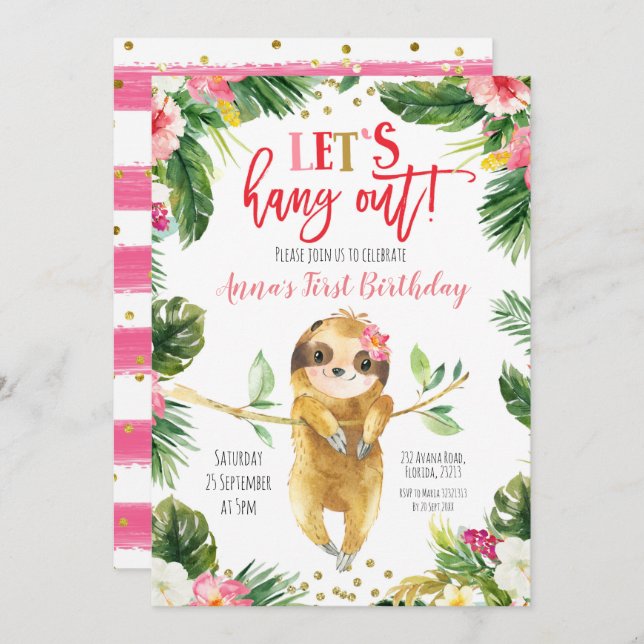 Tropical Girl Sloth Birthday Einladung (Vorne/Hinten)