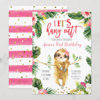 Tropical Girl Sloth Birthday Einladung
