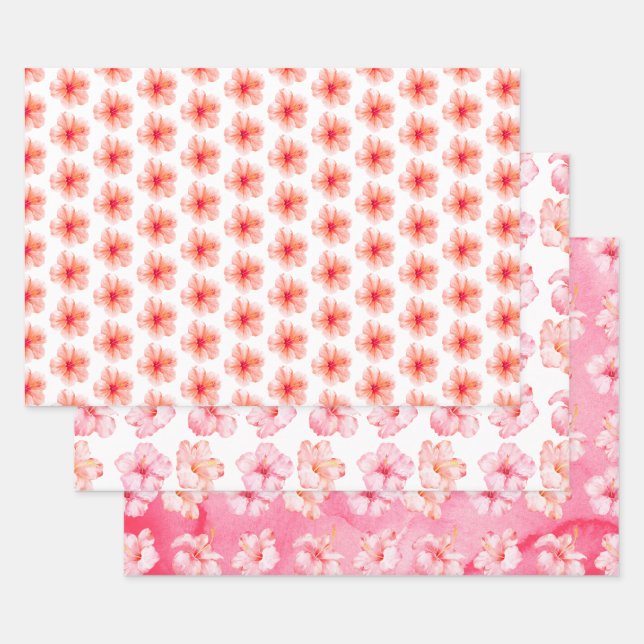 Tropical Girly Pink Peach Hibiskus Blume Geschenkpapier Set (Set)