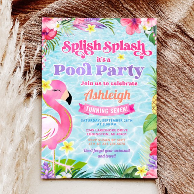 Tropical Girly Pool Party Geburtstagseinladung Einladung (Tropical Girly Pool Party Birthday Invitation)