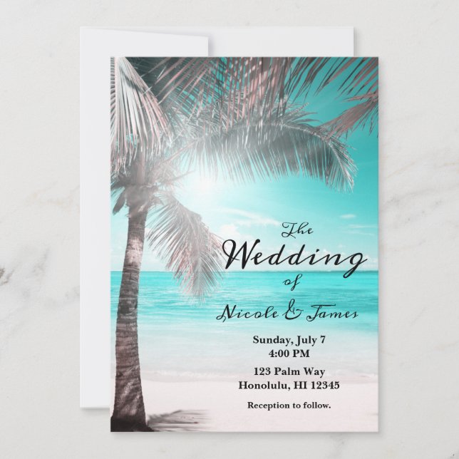 Tropical Glam Pink Aqua Blue Beach Palm Hochzeit Einladung (Vorderseite)