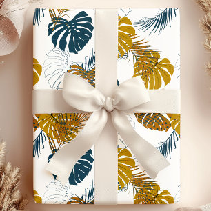 Tropical Gold and Navy Blue Palm Blätter Muster Geschenkpapier
