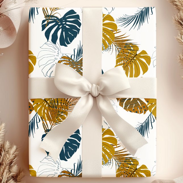 Tropical Gold and Navy Blue Palm Blätter Muster Geschenkpapier (Von Creator hochgeladen)