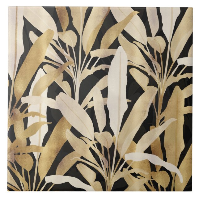 Tropical Gold Banana Leaves Black Pattern Fliese (Vorderseite)
