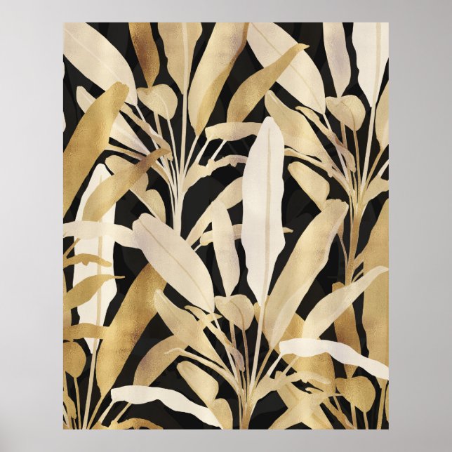 Tropical Gold Banana Leaves Black Pattern Poster (Vorne)