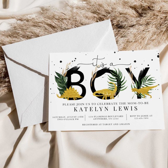 Tropical Gold Dinosaurier Baby Dusche Einladung (Von Creator hochgeladen)