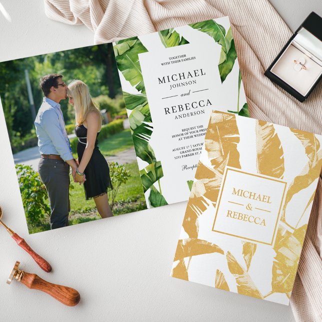 Tropical Gold Foil Banana Blätter Hochzeit einlade Folienkarte (Von Creator hochgeladen)