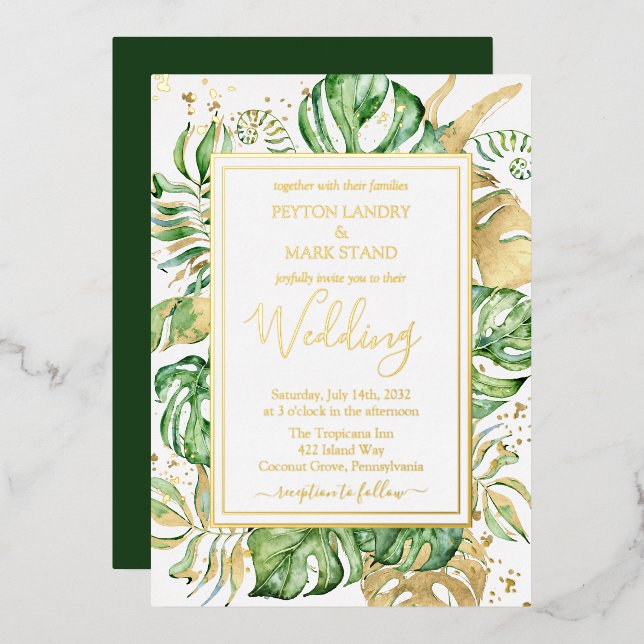 Tropical Gold Foil Elegante Foliage Hochzeit Folieneinladung (Vorderseite/Rückseite)