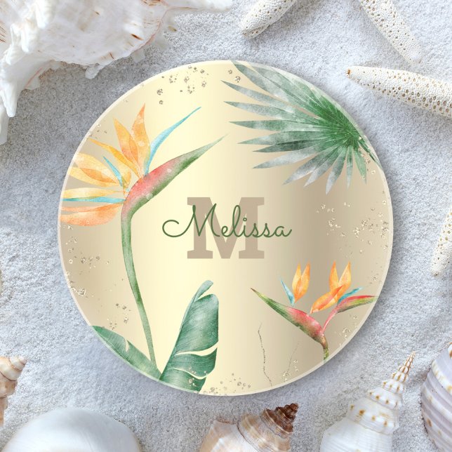 Tropical Gold Foil Floral Folies Monogram Script Getränkeuntersetzer (Von Creator hochgeladen)