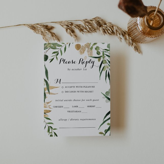 Tropical Gold Foliage Wedding Menü UAwg RSVP Karte (Von Creator hochgeladen)