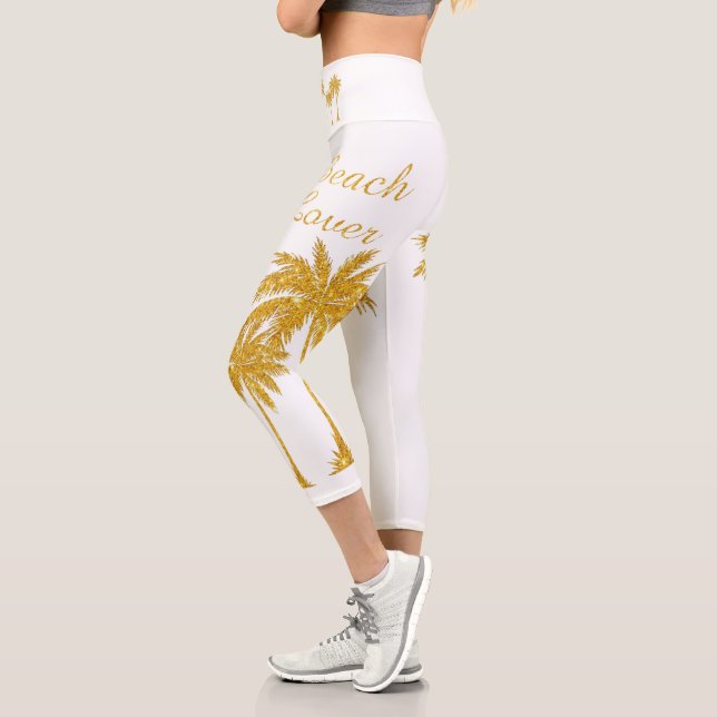 Tropical Gold Glitzer Beach Lover White Capri Leggings (Links)