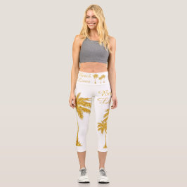 Tropical Gold Glitzer Beach Lover White Capri Leggings