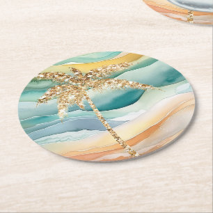 Tropical Gold Glitzer Palm Tree Beach Runder Pappuntersetzer