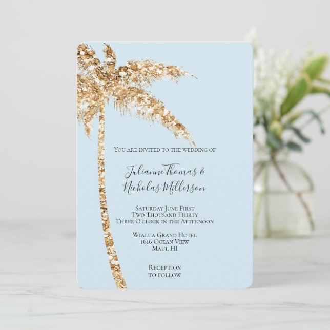 Tropical Gold Glitzy Glitzer Palm Tree Wedding Einladung (Stehend Vorderseite)