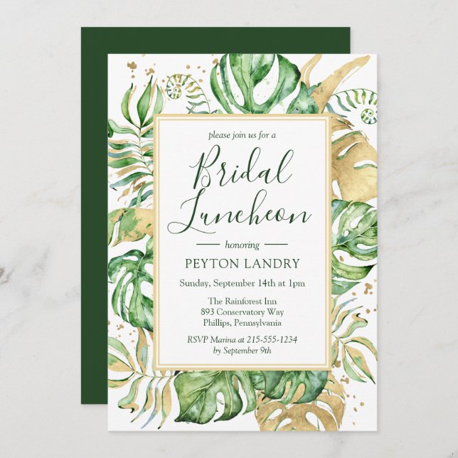 Tropical Gold & Green Bridal Luncheon Dusche Einladung (Vorne/Hinten)