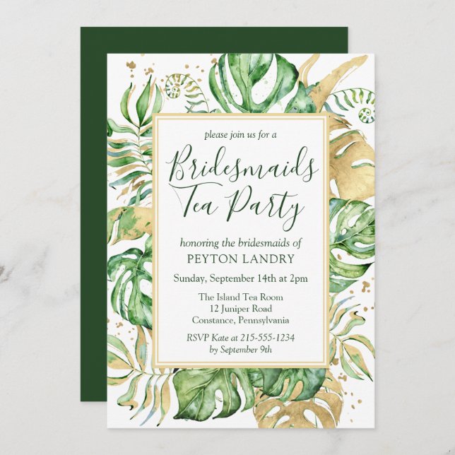 Tropical Gold & Green Bridesmaids Tea Party Einladung (Vorne/Hinten)