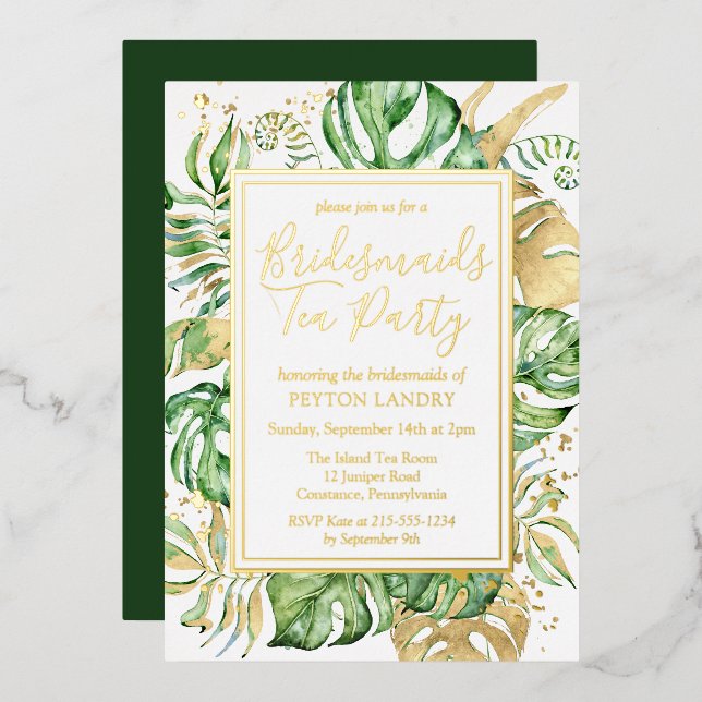 Tropical Gold & Green Bridesmaids Tea Party Folieneinladung (Vorderseite/Rückseite)