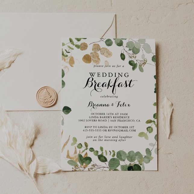 Tropical Gold Green Foliage Wedding Breakfast Einladung (Von Creator hochgeladen)