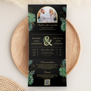 Tropical Gold Monstera Palm Black QR Code Hochzeit Dreifach Gefaltete Einladung
