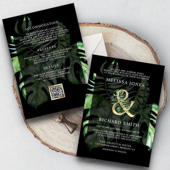 Tropical Gold Monstera Palm Black QR Code Hochzeit Einladung (Von Creator hochgeladen)