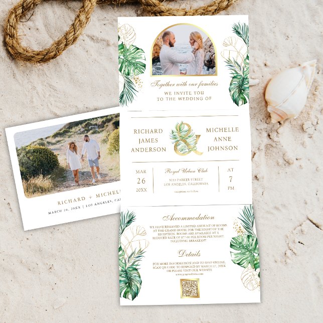 Tropical Gold Monstera Palm Foto QR Code Hochzeit Dreifach Gefaltete Einladung (Von Creator hochgeladen)