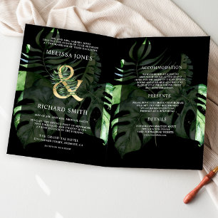 Tropical Gold Monstera Palm Schwarzer QR-Code Hoch Einladung