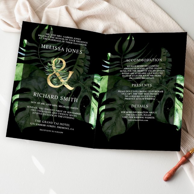 Tropical Gold Monstera Palm Schwarzer QR-Code Hoch Einladung (Von Creator hochgeladen)