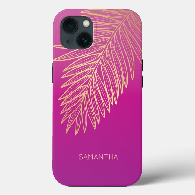 Tropical Gold Palm Leaf, Ihr Name, Pink Magenta Case-Mate iPhone Hülle (Rückseite)