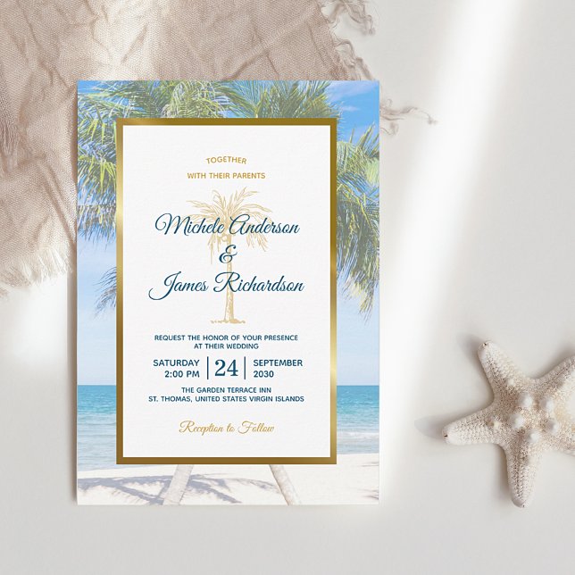 Tropical Gold Palm Tree Beach Foto Hochzeit Einladung (Von Creator hochgeladen)