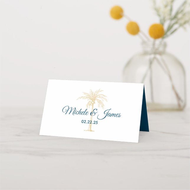 Tropical Gold Palm Tree Beach Moderne Hochzeit Platzkarte (Vorderseite)