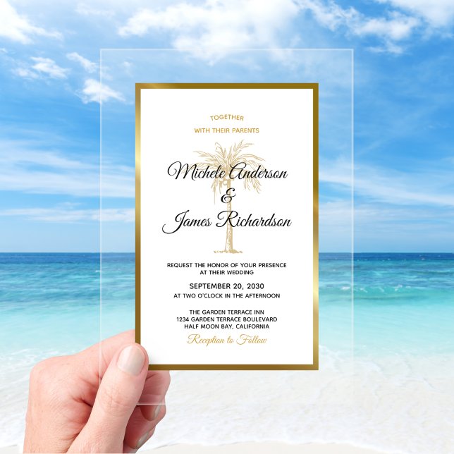 Tropical Gold Palm Tree Eleganter Strand Hochzeit Acryleinladungen (Tropical Gold Palm Tree Elegant Beach Wedding Acrylic Invitations)