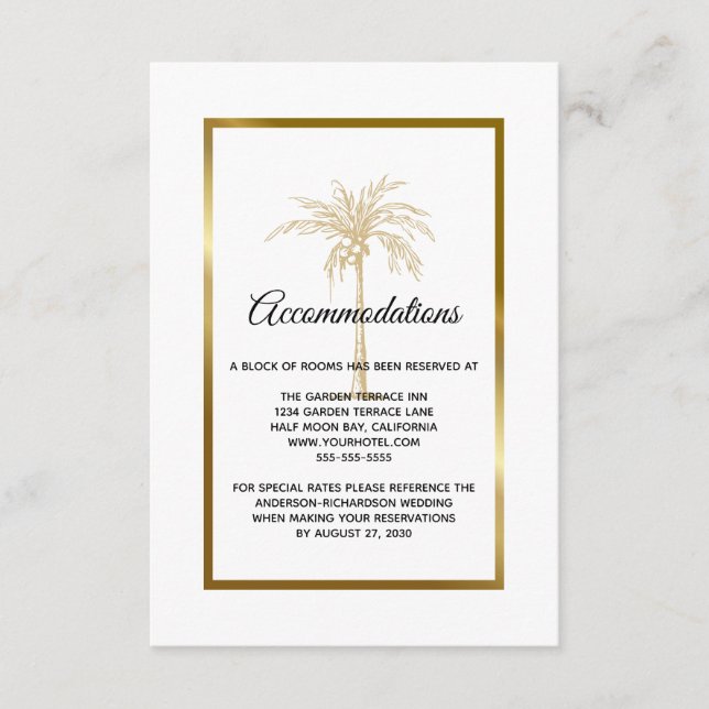 Tropical Gold Palm Tree Hochzeitsunterkunft Begleitkarte (Vorderseite)