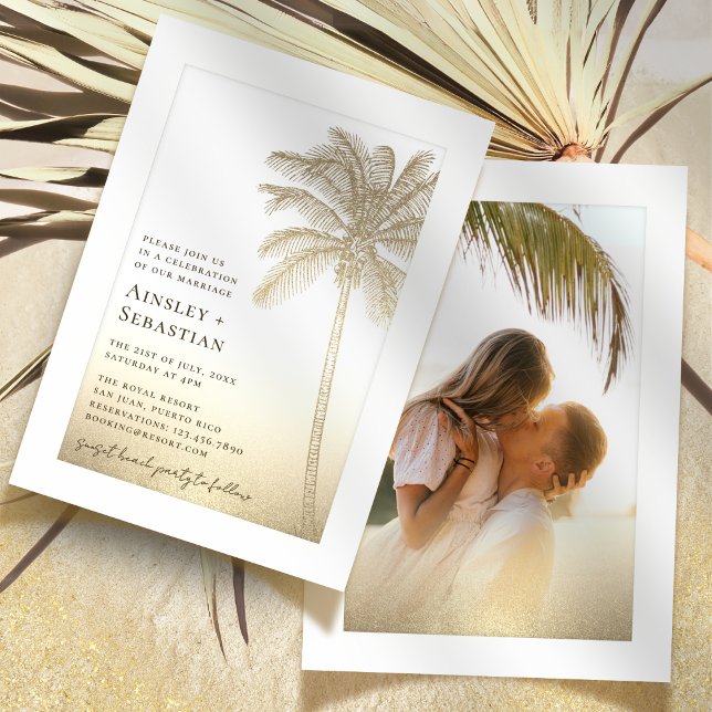 Tropical Gold Sand Palm Tree Boho Foto Hochzeit Einladung (Von Creator hochgeladen)