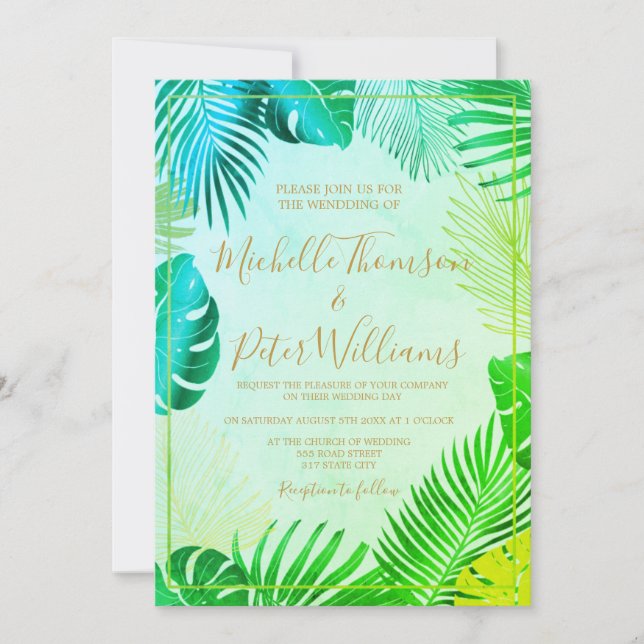 tropical gold watercolor wedding einladung (Vorderseite)