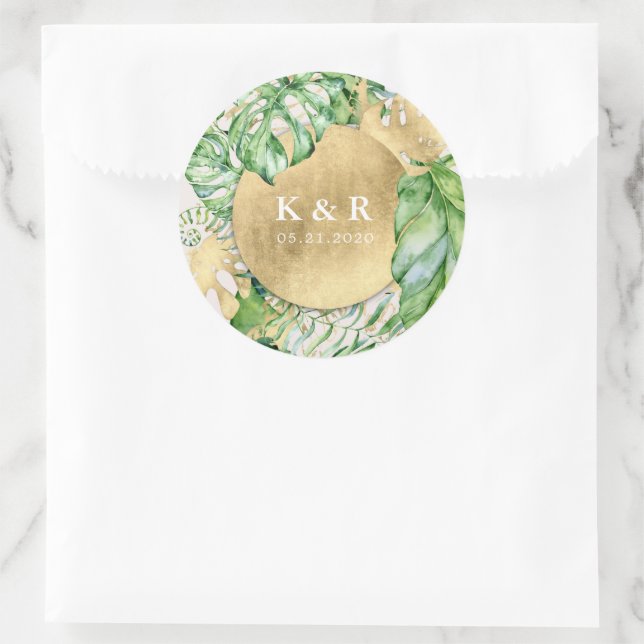 Tropical Golden Foliage Wedding Monogram Runder Aufkleber (Tasche)