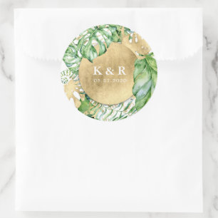 Tropical Golden Foliage Wedding Monogram Runder Aufkleber
