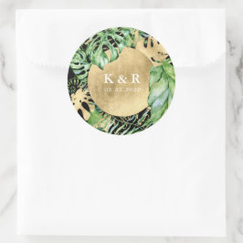 Tropical Golden Foliage Wedding Monogram Runder Aufkleber