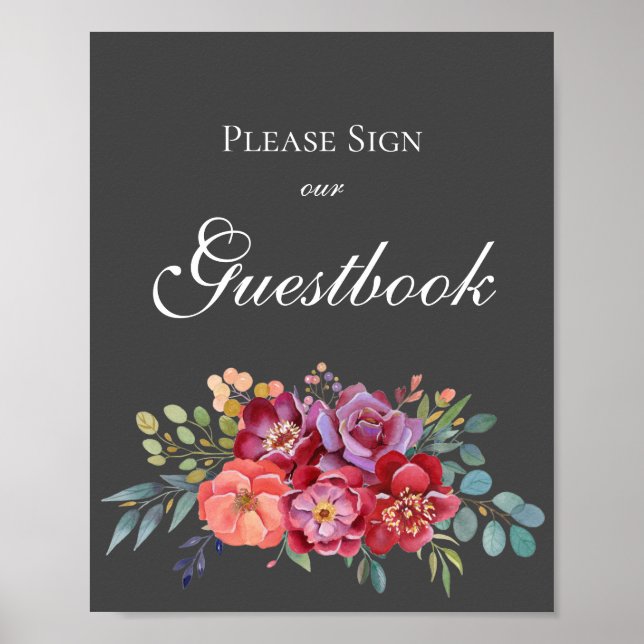 Tropical Gray Floral Guestbook Sign Poster V2 (Vorne)