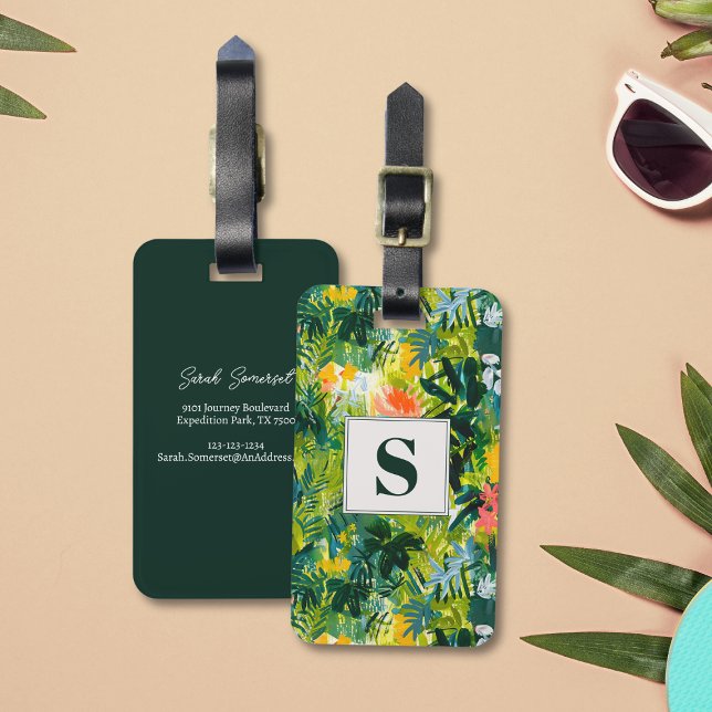 Tropical Green Abstrakt Botanical Mit Monogramm Gepäckanhänger (Monogrammed abstract floral luggage tag)
