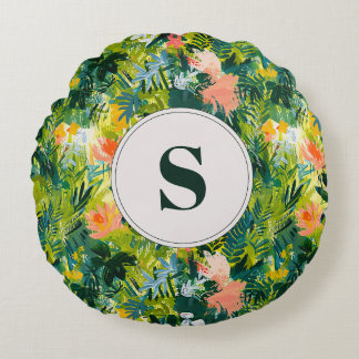 Tropical Green Abstrakt Botanical Mit Monogramm Rundes Kissen