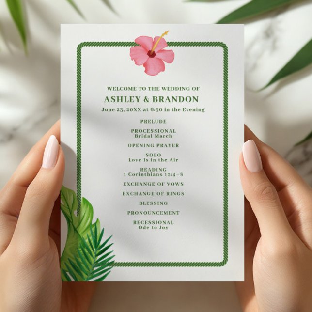Tropical Green and Pink Flower Coastal Wedding Programm (Von Creator hochgeladen)