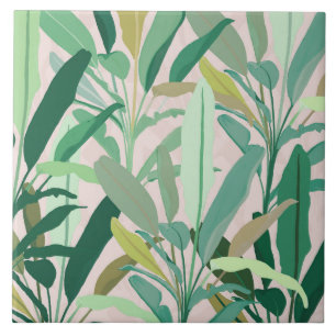Tropical Green Banana Leaves Pink Pattern Fliese